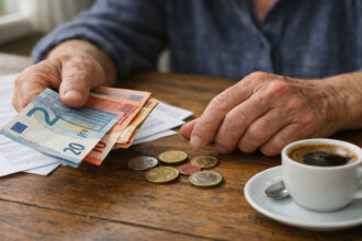 Eine ältere Person in Griechenland zählt Euro-Münzen und Banknoten über wirtschaftlichen Dokumenten.