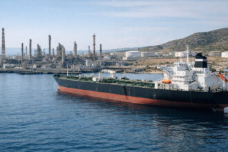 Ein großer Öltanker ankert vor einer industriellen Raffinerieanlage an der griechischen Küste.