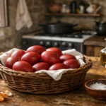 Rote orthodoxe Ostereier auf einem rustikalen Holztisch in Griechenland