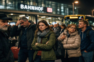 Επιβάτες περιμένουν λεωφορείο αντικατάστασης σε σταθμό τρένου στο Μόναχο