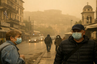 Eine dichte, gelbliche Wolke aus Saharastaub hängt über einer städtischen Straße in Griechenland, während Fußgänger Schutzmasken tragen.