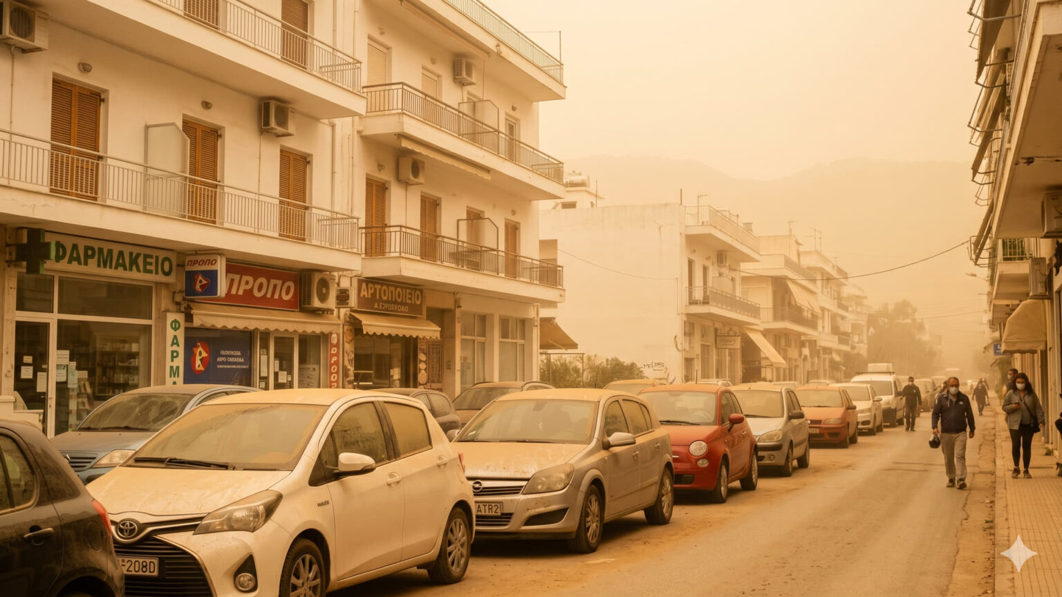 Eine dichte Wolke aus Saharastaub trübt den Himmel über einer griechischen Stadt, während Autos im diffusen Licht fahren.