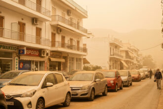 Eine dichte Wolke aus Saharastaub trübt den Himmel über einer griechischen Stadt, während Autos im diffusen Licht fahren.