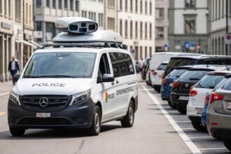 Ειδικό όχημα ελέγχου με κάμερες οροφής σκανάρει σταθμευμένα αυτοκίνητα σε δρόμο πόλης