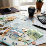 Euro-Geldscheine und Münzen liegen auf offiziellen Steuerdokumenten in Griechenland