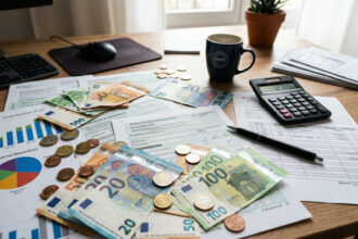 Euro-Geldscheine und Münzen liegen auf offiziellen Steuerdokumenten in Griechenland