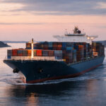 Ein großes Handelsschiff durchquert ein ruhiges Meer bei Sonnenuntergang