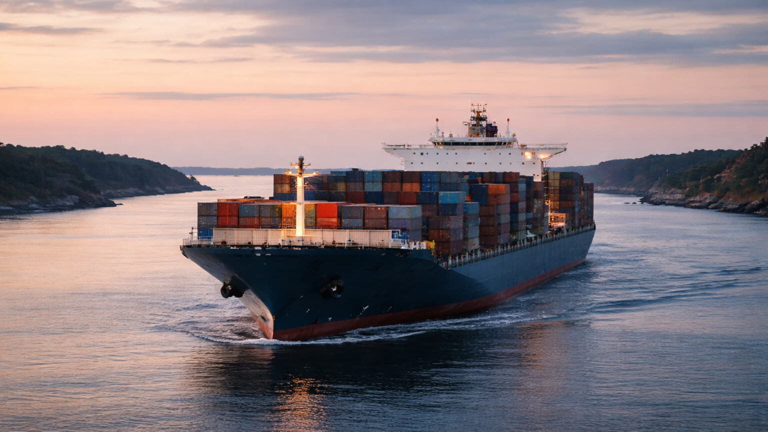 Ein großes Handelsschiff durchquert ein ruhiges Meer bei Sonnenuntergang