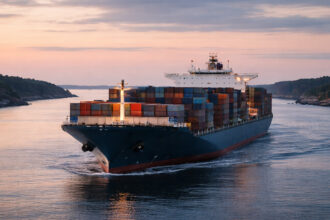 Ein großes Handelsschiff durchquert ein ruhiges Meer bei Sonnenuntergang