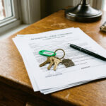 Ein Rechtsanwalt hält Dokumente und einen Wohnungsschlüssel in der Hand.