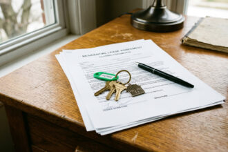 Ein Rechtsanwalt hält Dokumente und einen Wohnungsschlüssel in der Hand.