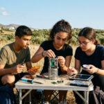 Griechische Schüler bereiten auf einem Feld einen kleinen Satelliten für den Start vor