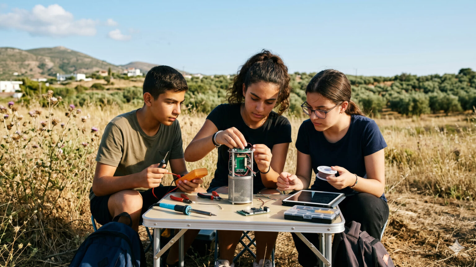 Griechische Schüler bereiten auf einem Feld einen kleinen Satelliten für den Start vor