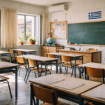 Ein leeres Klassenzimmer in einer griechischen Schule vor Unterrichtsbeginn im Frühling