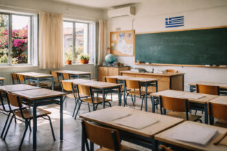 Ein leeres Klassenzimmer in einer griechischen Schule vor Unterrichtsbeginn im Frühling