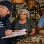 Ein Beamter der griechischen Arbeitsaufsicht prüft Dokumente in einem kleinen Betrieb