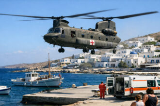 Ein Militärhubschrauber landet in Griechenland für einen medizinischen Nottransport.