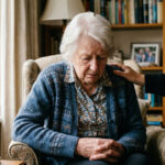 Eine stützende Hand liegt beruhigend auf der Schulter einer verzweifelten Person, die nach unten blickt.