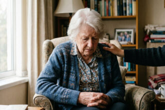 Eine stützende Hand liegt beruhigend auf der Schulter einer verzweifelten Person, die nach unten blickt.