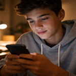 Griechisches Grundschulkind nutzt ein Smartphone in einem abgedunkelten Raum