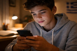 Griechisches Grundschulkind nutzt ein Smartphone in einem abgedunkelten Raum