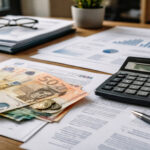 Euro-Banknoten und offizielle Dokumente der griechischen Behörden auf einem Schreibtisch.