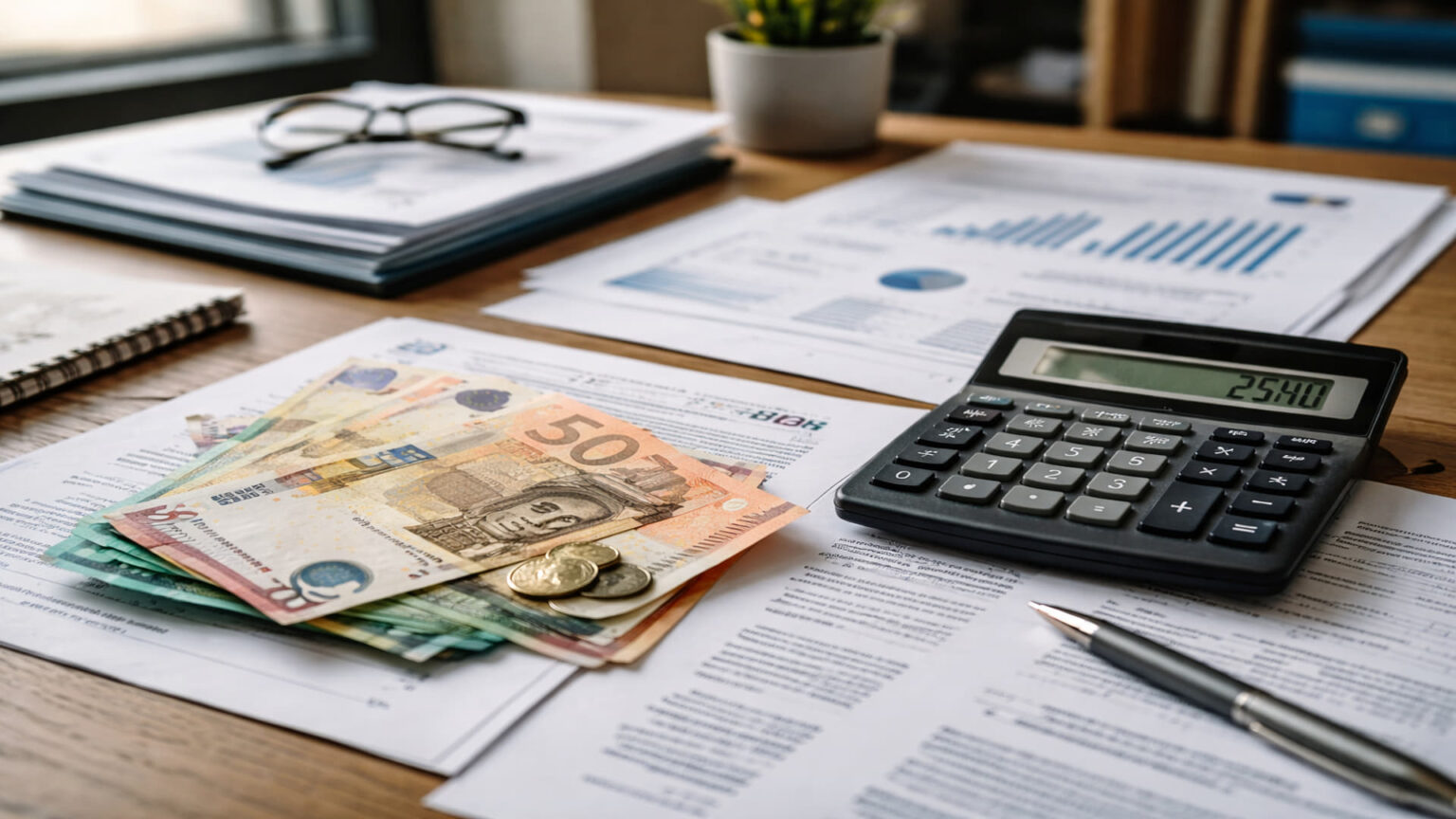 Euro-Banknoten und offizielle Dokumente der griechischen Behörden auf einem Schreibtisch.