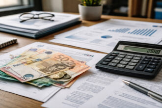 Euro-Banknoten und offizielle Dokumente der griechischen Behörden auf einem Schreibtisch.