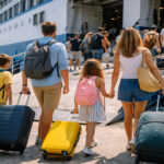 Griechische Familie mit Gepäck geht an Bord einer Fähre im Hafen