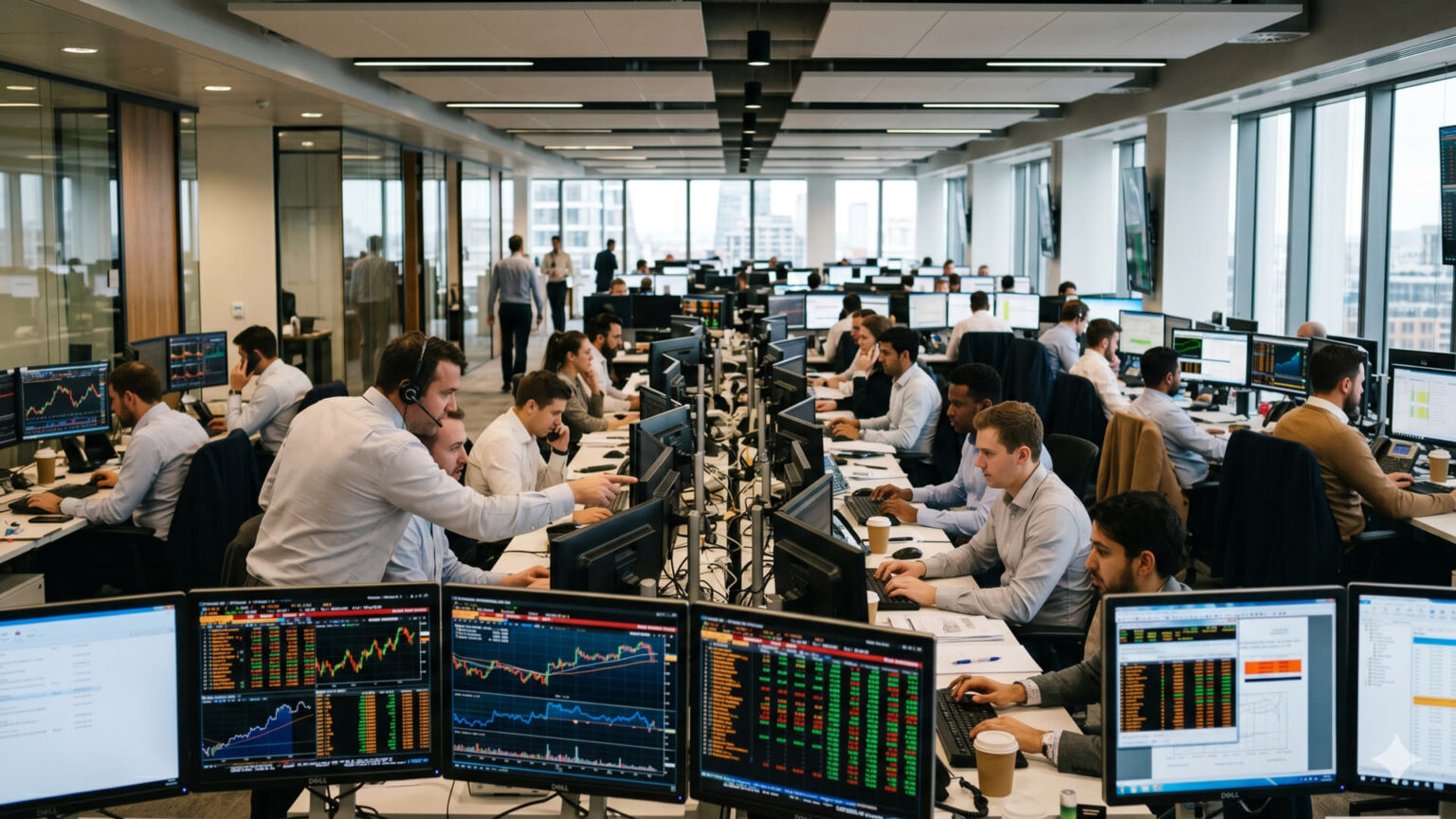 Finanzzentrum mit digitalen Anzeigetafeln, die Aktienkurse und Finanzdaten anzeigen