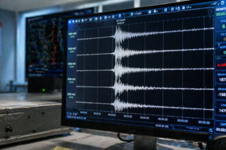 Ein Blick auf eine Küstenstadt in der Präfektur Lasithi auf Kreta im frühen Morgenlicht.