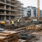 Κατασκευή νέων διαμερισμάτων σε αστικό κέντρο της Γερμανίας με την παρουσία εργατών και γερανών