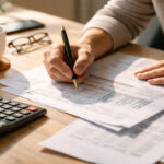 Eine griechische Steuererklärung auf einem Schreibtisch mit Taschenrechner und Dokumenten