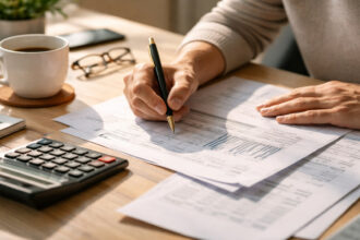 Eine griechische Steuererklärung auf einem Schreibtisch mit Taschenrechner und Dokumenten