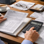 Ein griechischer Steuerzahler prüft Rechnungen und Dokumente für die jährliche Einkommensteuererklärung.