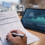 Ein griechisches Regierungsgebäude mit einer digitalen Grafik von Steuersymbolen und Kryptowährungen im Vordergrund.