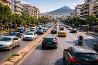 Viel Verkehr auf einer mehrspurigen Hauptstraße im Zentrum von Athen