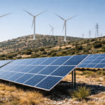 Windräder und Solaranlagen in einer griechischen Landschaft als Symbol für die sinkenden Strompreise durch erneuerbare Energien.