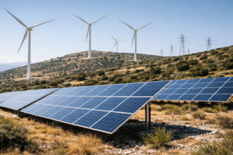 Windräder und Solaranlagen in einer griechischen Landschaft als Symbol für die sinkenden Strompreise durch erneuerbare Energien.