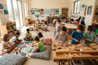Παιδιά συμμετέχουν σε δημιουργικές καλλιτεχνικές δραστηριότητες σε εναλλακτική σχολική αίθουσα