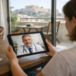 Eine Person in Griechenland nutzt ein Tablet für eine medizinische Videokonsultation mit einem Arzt