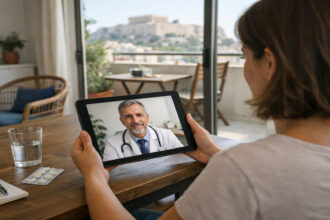 Eine Person in Griechenland nutzt ein Tablet für eine medizinische Videokonsultation mit einem Arzt