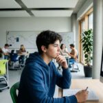 Μαθητής κοιτάζει οθόνη υπολογιστή σε σύγχρονη σχολική αίθουσα