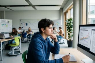 Μαθητής κοιτάζει οθόνη υπολογιστή σε σύγχρονη σχολική αίθουσα