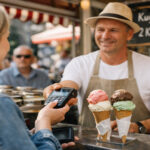 Πελάτες σε γερμανικό ζαχαροπλαστείο μπροστά από τον πάγκο των παγωτών κατά τη διάρκεια μιας ηλιόλουστης ημέρας