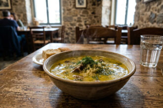 Eine Schüssel mit traditioneller griechischer Magiritsa-Suppe mit frischen Kräutern in einer Athener Taverne