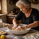 Eine ältere Frau in Griechenland knetet Teig für traditionelle Osterkekse in einer rustikalen Küche