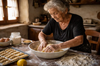Eine ältere Frau in Griechenland knetet Teig für traditionelle Osterkekse in einer rustikalen Küche