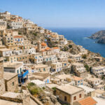 Blick auf das traditionelle Bergdorf Olympos auf der griechischen Insel Karpathos an einem sonnigen Tag.