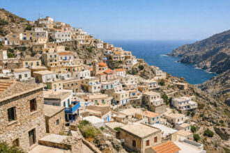 Blick auf das traditionelle Bergdorf Olympos auf der griechischen Insel Karpathos an einem sonnigen Tag.